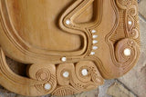 2 UNIQUE STUNNING KWILA WOOD MUSEUM MASTERPIECES WITH MOTHER OF PEARL INSERTS SAGO PLATTERS DISH BOWL BOTH DELICATELY CARVED BY RENOWNED TRIBAL SCULPTOR FROM  REMOTE TROBRIAND ISLANDS MELANESIA SOUTH PACIFIC  OCEANIA COLLECTOR DESIGNER 2A257 & 2A55A