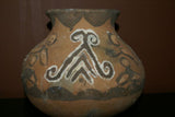 Rare 1980's Vintage Collectible Primitive Hand Crafted Vermasse Terracotta Pottery, Vessel from East Timor Island, Indonesia: Adorned with Decorative Geometric & 3D Raised Relief Ancestors Motifs colored with natural earthtone pigments 9.25" x 7.25”,  P3