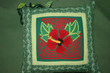 Kuna Indian Folk Art Mola from San Blas Islands, Panama. Hand stitched Textile Applique: Colorful Hibiscus Bloom, Black & White Maze Background 14" x 12.5" (355A)