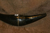 Timor Ethnic Authentic Lime Tribal Container, Unique & Rare Hand Carved Buffalo Horn & Bone receptacle Representing a Barracuda Fish  (14" long) ITEM BN46A comes with handcrafted base, gold and black