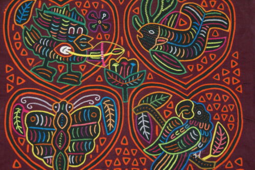 Kuna Indian Abstract Traditional Mola blouse panel from San Blas Islands, Panama. Hand stitched Applique: Animals 16.5
