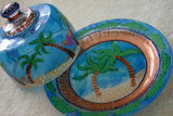Signed & Hand painted Glass Art Serving Cake platter & Globe Lid Set painted in Pointillism by artist with Great detail colorful seascape underwater fish scene DGS1