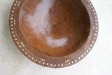 16”x 16”x 4”UNIQUE  STUNNING KWILA WOOD DEEP BOWL WITH INCISED BORDERS AND TEAR SHAPE & ROUND MOTHER OF PEARL INLAYS BY RENOWNED TRIBAL SCULPTOR FROM REMOTE TROBRIAND ISLANDS MELANESIA MASSIM SOUTH PACIFIC COLLECTOR DESIGNER ART 2A64