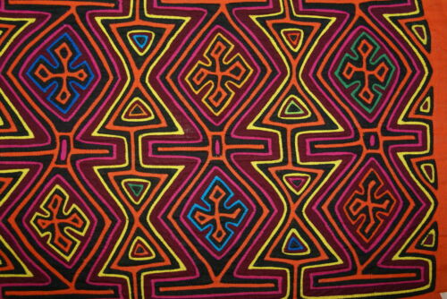 Kuna Indian Colorful Abstract Art Mola Blouse Panel. Superb Hand-stitched Reverse Applique from San Blas Islands, Panama:  Colorful   Geometric Sand Timer or Bow Tie Motifs, 17