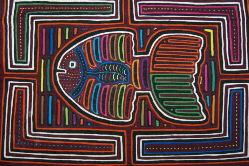 Kuna Indian Folk Art Mola Blouse Panel from San Blas Islands, Panama. Handstitched Applique Textile: Tropical Reef Flat Fish  16.75