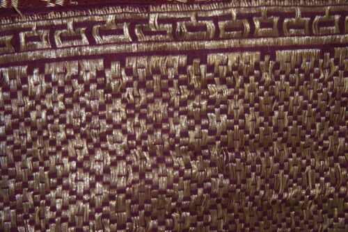 Old Ceremonial Balinese hand woven textile Antique Burgundy Setagen Brocade damask Ceremonial Songket Runner Belt  Embroidery with Metallic Gold Threads 48