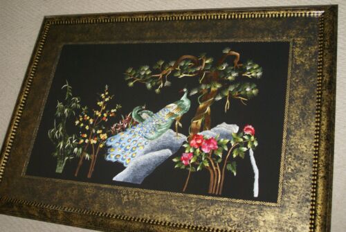 Huge Hmong Tribe Colorful Artwork Silk Embroidery Needlework Original Museum Masterpiece of Peacocks among Flowers & Trees DFH0 Art  by Talented Artist Custom Signed Hand painted Frame & Mats 42