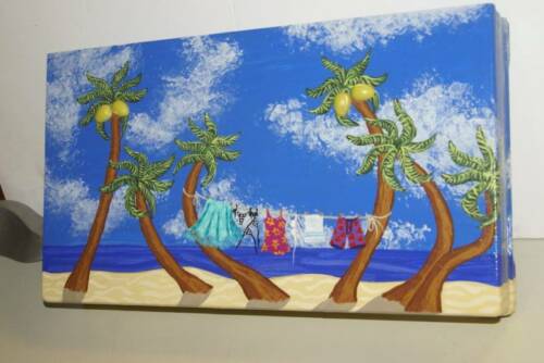 Unique cute Cabin, cabana or Home  Décor: Large Hand Painted  with detail Wood Wooden Box with Caribbean Beach Ocean Seascape Palm Trees signed by Florida Artist  19 1/4