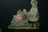 RARE EPHEMERA AMERICANA ANTIQUE WHIMSICAL ART 16 x 13” ORIGINAL 1880 LARGE VICTORIAN TRADE CARD AD DIE-CUT CHILD WHEELBARREL ROSES professionally framed in hand-painted detailed frame with 2 mats: DFPO2W WALL DÉCOR CUTE