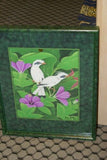 21”x 16.5” DETAILED COLORFUL  BALINESE PAINTING ON CANVAS RENOWN UBUD ARTIST RAINFOREST PARADISE FOLIAGE STARLING BIRDS PURPLE HIBISCUS FRAMED IN SIGNED CUSTOM FRAME HAND PAINTED TO MATCH  ARTWORK DFBB48 DECORATOR DESIGNER ART COLLECTOR HOME DÉCOR