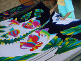 HIGH QUALITY HAND PAINTED TEXTILE FABRIC SARONG, PAREO, SHAWL, SIGNED BY THE ARTIST: VIBRANT HIBISCUS AND BUTTERFLIES, SUPERB RICH COLORS 70" x 48" (no 1A) WITH FRINGES