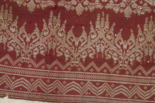 Old Burgundy Red Damask Embroidery Brocade Songket Sarung Textile Royal Sash Runner with Metallic Gold Threads belonging to Balinese Nobility royalty Hand woven with Handspun Silk in a beautiful pattern from Negara, Bali  32.5