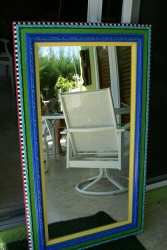 UNIQUE LONG MIRROR,  FRAME WITH COLORFUL INTRICATE HAND PAINTED MOTIFS SIGNED BY FLORIDA ARTIST ITEM DA33 VERY LARGE SIZE 48