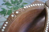 16”x 13”x 4” STUNNING HAND CARVED KWILA WOOD MUSEUM MASTERPIECE SAGO PLATTER DISH BOWL WITH MOTHER OF PEARL INSERTS & DELICATE LACY INCISED BORDERS BY RENOWNED TRIBAL SCULPTOR FROM TROBRIAND ISLANDS MELANESIA SOUTH PACIFIC COLLECTOR DESIGNER ART 2A179