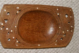 STUNNING ONE OF A KIND HAND CARVED ROSEWOOD MUSEUM MASTERPIECE SERVING PLATTER DISH WITH MOTHER OF PEARL INSERTS & LACY BORDER BY RENOWNED SCULPTOR FROM THE REMOTE TROBRIAND ISLANDS MELANESIA KULA RING COLLECTOR DESIGNER 2A86 15”X8”X2”