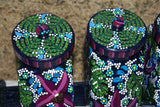 Signed & Hand painted Glass Art: Unique CANISTER SET painted in Pointillism with Laelia Cattleya Orchid Flower motifs by Florida artist Great detail colorful complete with wooden hand painted base.