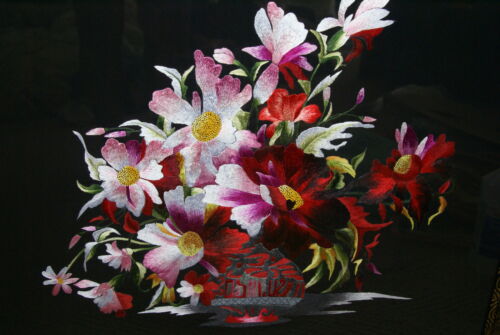 Huge Hmong Tribe Colorful Artwork Silk Embroidery Original Museum Art Masterpiece of Delicate Floral Bouquet in vase 28