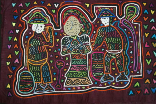 Kuna Indian Folk Art Mola Blouse Panel Applique from San Blas Islands, Panama. Hand stitched Textile Applique: People's Harvest, Eating Fruit 18