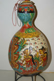 Unique Large Balinese Lime Gourd Hand painted with Wayang Kulit traditional & detailed motifs, Beautiful Kamasan Art depicting Ramayana Epic Scenes:  1G2, 15” tall. Betel  habit paraphernalia. Collected in late 1900’s
