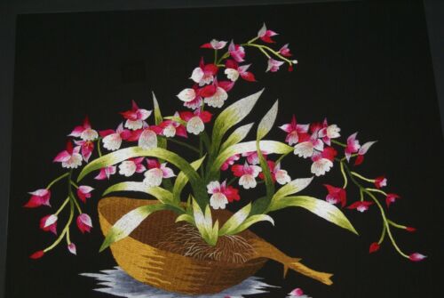 Huge Hmong Tribe Colorful Artwork Silk Embroidery Original Museum Art Masterpiece of Japanese Floral Bouquet in Basket Orchids Oncidium Handmade Needlework Tapestry Art Matted &  Hand Painted Signed Frame DFH5 29,5