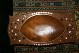 STUNNING UNIQUE HAND CARVED ROSEWOOD MUSEUM MASTERPIECE SERVING PLATTER DISH BOWL WITH MOTHER OF PEARL INSERTS & DELICATE LACY BORDER RENOWNED SCULPTOR TROBRIAND ISLANDS MELANESIA SOUTH PACIFIC  KULA RING COLLECTOR DESIGNER 2A28 14" X 7" X 2.5"
