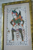 VERY RARE EARLY 1900 ANTIQUE TEXTILE COLLECTIBLE: BALINESE IDER-IDER HANDMADE COLORFUL EMBROIDERY OF PANDAVA SAHADEVA ONCE A RARE CANOPY DECORATION ADORNING SACRED TEMPLE FRAMED IN UNIQUE HAND PAINTED FRAME 17X10” DESIGNER COLLECTOR HOME DÉCOR WALL ART
