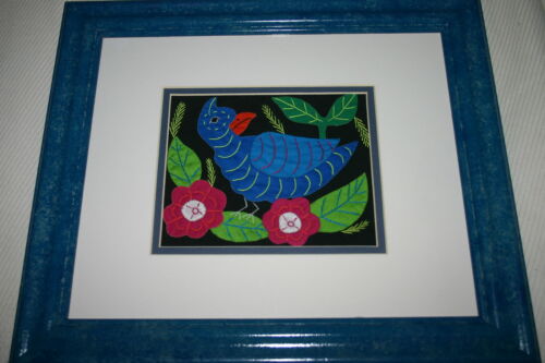 A Kuna Indian Folk Art Mola in Custom Frame, Glass & Double Mats. Hand-stitched Applique from San Blas Islands, Panama: Colorful Blue Water Fowl or Hen Swimming, Surrounded by Pink Flowers & Leaves 15