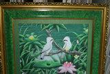 GIGANTIC 31”x 25” ORIGINAL DETAILED COLORFUL  BALINESE PAINTING ON CANVAS SIGNED BY RENOWN UBUD ARTIST RAINFOREST PARADISE WITH FOLIAGE POND LOTUS FLOWERS IBIS EGRET STARLING BIRDS FRAMED IN SIGNED CUSTOM FRAME HAND PAINTED TO MATCH DFBB12 DESIGNER ART