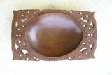 13.5”x 8”x 3” UNIQUE  STUNNING KWILA WOOD BOWL WITH INCISED DELICATELY LACY BORDERS & ROUND MOTHER OF PEARL INLAYS BY RENOWNED TRIBAL SCULPTOR FROM REMOTE TROBRIAND ISLANDS MELANESIA MASSIM SOUTH PACIFIC COLLECTOR DESIGNER ART 2A96