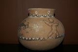 Rare 1980's Vintage Collectible Primitive Hand Crafted Vermasse Terracotta Pottery, Vessel from East Timor Island, Indonesia: 3D Raised Relief Decorative Geometric & Ancestor Motifs, colored with natural earthtone pigments 8" x 6.5" (24" Diameter) P35