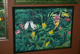 GIGANTIC 42”x 30”  ORIGINAL DETAILED COLORFUL  BALINESE PAINTING ON CANVAS SIGNED BY RENOWN UBUD ARTIST RAINFOREST PARADISE WITH FOLIAGE FLOWERS ALAMEDAS ORCHID STARLING BIRDS FRAMED IN SIGNED CUSTOM FRAME HAND PAINTED TO MATCH  ARTWORK DFBB5 DESIGNER ART