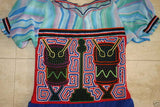 Kuna Indian Folk Art Mola Blouse Panel from  San Blas Islands, Panama. Hand-stitched Reverse Applique: Music Festival Percussion Drum Motif & Metronome  14" x 12" (1A) Labyrinth Background