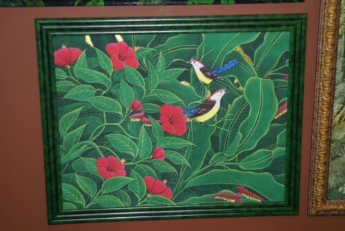 GIGANTIC 31”x 25” ORIGINAL DETAILED COLORFUL  BALINESE PAINTING ON CANVAS BY RENOWN UBUD ARTIST RAINFOREST PARADISE WITH FOLIAGE HIBISCUS FLOWERS BIRDS FRAMED IN CUSTOM FRAME HAND PAINTED TO MATCH DFBB13 DESIGNER COLLECTOR ARTWORK MASTERPIECE