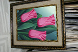 21.5”x 17”DETAILED COLORFUL BALINESE PAINTING ON CANVAS BY RENOWN UBUD ARTIST HOT PINK TULIPS FRAMED IN SIGNED CUSTOM FRAME HAND PAINTED WITH DETAIL TO INHANCE THE ARTWORK & WITH REAL SAND MAT DFBF1 DECORATOR DESIGNER ART COLLECTOR HOME DÉCOR