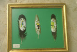 done Framed Original 3 Miniature Birds Hand Painted on Feathers Hummer Parrot Toucan.