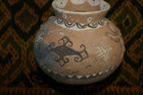 Rare 1980's Vintage Collectible Primitive Hand Crafted Vermasse Terracotta Pottery, Vessel from East Timor Island, Indonesia: 3D Raised Relief Decorative Geometric & Ancestor Motifs, colored with natural earthtone pigments 8" x 6.5" (24" Diameter) P35