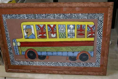 RARE UNIQUE COLORFUL  FOLK ART PAINTING PAPUA NEW GUINEA HUMOROUS ARTIST: TRIBAL WARRIORS TRAVELLING BY BUS & FRAMED IN SIGNED HAND PAINTED FRAME TO MATCH THE ART DESIGNER COLLECTOR WALL CARTOON  ART  38