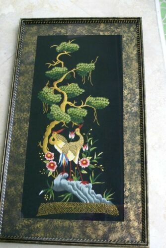 Huge Hmong Tribe Colorful Artwork Embroidery Needlework Original Museum Masterpiece of trees & Cranes DFH8 Hand stitched by Talented Artist  Signed Custom Hand painted Frame & Mats Wall Art Home Décor Designer Collector Unique 33 1/2
