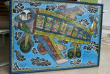 RARE UNIQUE COLORFUL  FOLK ART PAINTING PAPUA NEW GUINEA HUMOROUS ARTIST: TRIBAL WARRIORS TRAVELLING BY AIRPLANE & FRAMED IN SIGNED HAND PAINTED FRAME TO MATCH THE ART DESIGNER COLLECTOR WALL CARTOON  ART  42” by 30 1/2”HUGE DFP11
