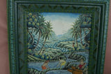 14.5”x 12.25” ORIGINAL TRADITIONAL BALINESE PAINTING ON CANVAS BY RENOWN BATUAN ARTIST NATURE WATERFALLS  RICE FIELDS VILLAGE PEOPLE FULL OF MINUTE DETAIL FRAMED IN HAND PAINTED CUSTOM FRAME  TO MATCH ARTWORK DFBT1 DESIGNER DECOR COLLECTOR MASTERPIECE