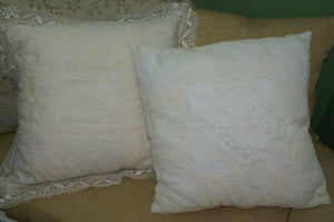 done ANTIQUE 80 YRS HANDMADE LACE & EMBROIDERY MADE INTO 2 NEW QUILTED SILK PILLOWS