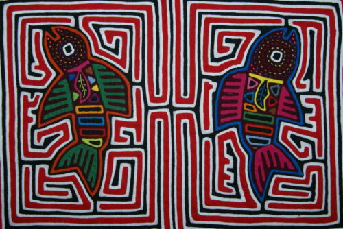 Kuna Indian Folk Art Mola Blouse Panel from San Blas Islands, Panama. Handstitched Applique: Fish Maze  15.75