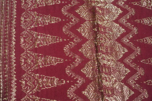 Old Superb Ceremonial Balinese hand woven textile Antique Burgundy Red Embroidery Brocade damask Wedding Songket with Metallic Gold Threads 38