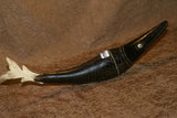 Timor Ethnic Authentic Lime Tribal Container, Unique & Rare Hand Carved Buffalo Horn & Bone receptacle Representing a Barracuda Fish  (14" long) ITEM BN46A comes with handcrafted base, gold and black