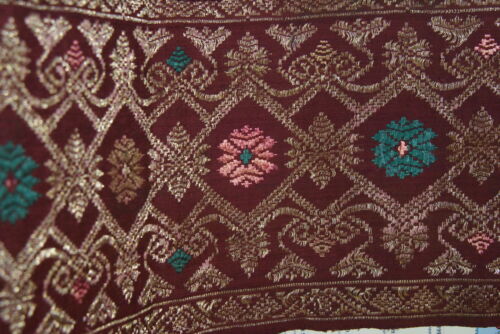 Old Superb Ceremonial Balinese hand woven textile Antique Burgundy Ceremonial Songket Brocade damask Embroidery with Metallic Gold Threads 51