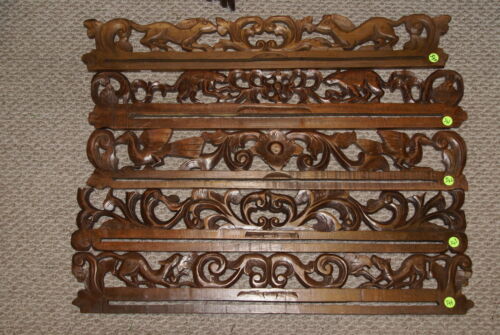 UNIQUE INTRICATELY HAND CARVED ORNATE WOOD HANGER 30” LONG (ROD, RACK) USED TO DISPLAY RARE OR PRECIOUS TEXTILES ON THE WALL, SUPERB BAS RELIEF CHOICE BETWEEN 3 LACY FOLIAGE & VINES MOTIFS EACH ALSO WITH HORSE, MARSUPIAN OR BIRD MOTIF ITEM 340, 341 OR 342