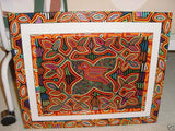 Kuna Indian Abstract Traditional Mola blouse panel from San Blas Islands, Panama. Hand stitched Applique Art: Festive Panama Hat & Monkey on maze labyrinth background  15.5" x 11.75" (26A)