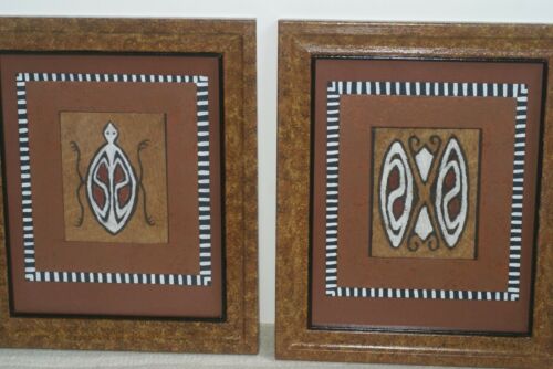 PAIR OF CUSTOM FRAMED Sentani Tapa Kapa Bark Cloths from Papua New Guinea. Handpainted with Natural Pigments by Tribal Artist: Abstract Stylized Insect and Butterfly Motifs 12.5