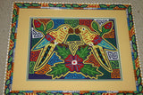 Museum Quality Kuna Indian Folk Art Mola blouse panel from San Blas Islands, Panama. Handstitched Applique: Love Birds Motif Surrounded by Heart 17" x 12.75" (97A)