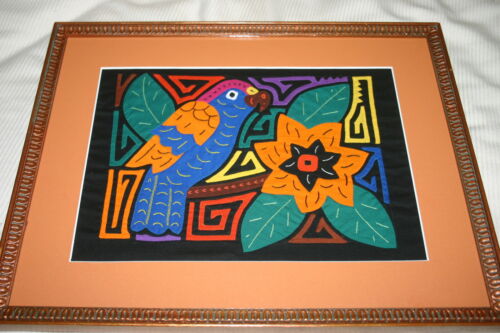 A Kuna Indian Folk Art Mola from San Blas Islands, Panama. Wall Decor, in Custom Frame & Mat. Hand stitched Textile Applique: Colorful Parrot & Hibiscus Flowers, plants 16